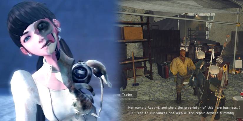Accord From Drakengard 3 Ending D Next To Image Of Weapons Trader Mentioning Her In Nier Automata