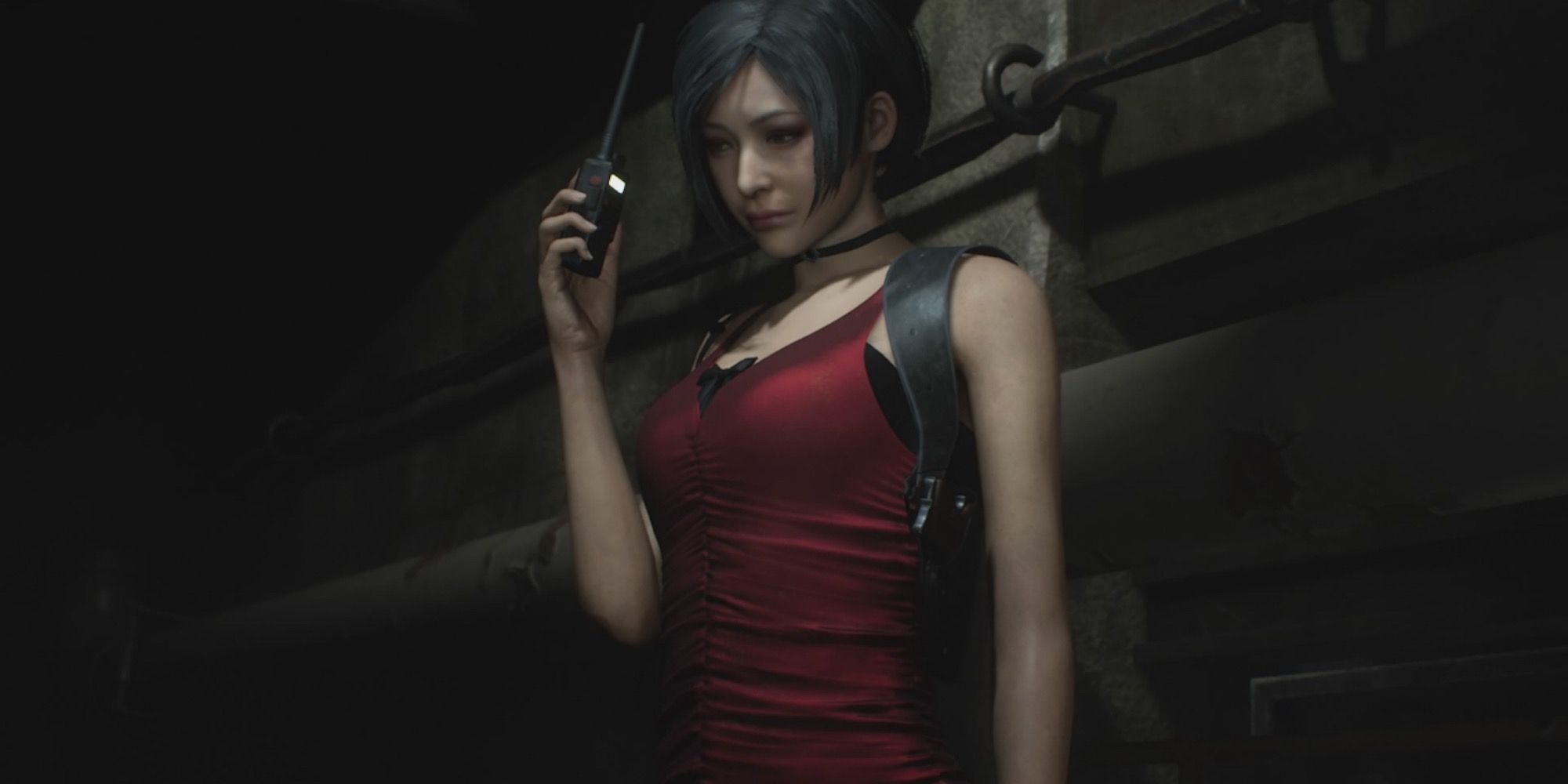 Ada Wong from Resident Evil 2 speaking into a walkie talkie. 