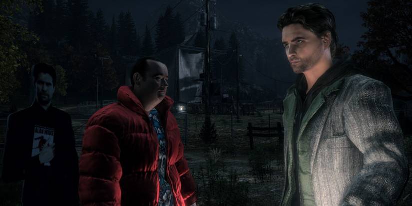 Alan Wake walking by an individual and a cutout of himself