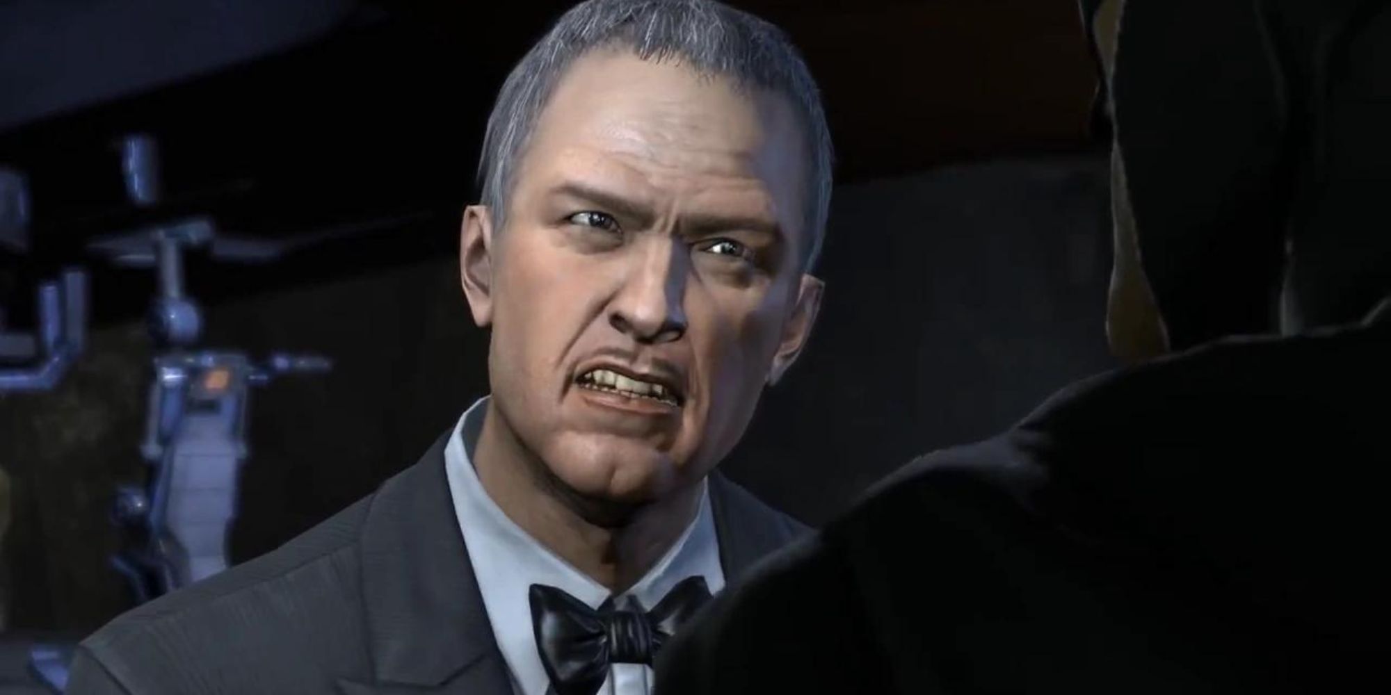 A close up of Alfred from the Batman Arkham game series looking angry