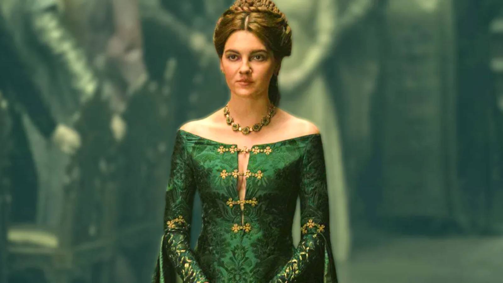 Alicent Hightower wearing a green dress in House of the Dragon.