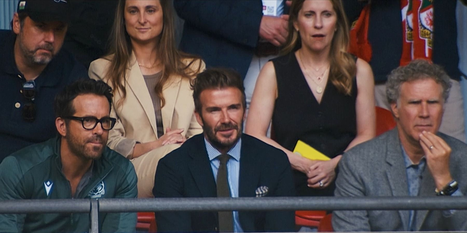 Ryan Reynolds David Beckham and Will Ferrell in owners box Welcome to Wrexham