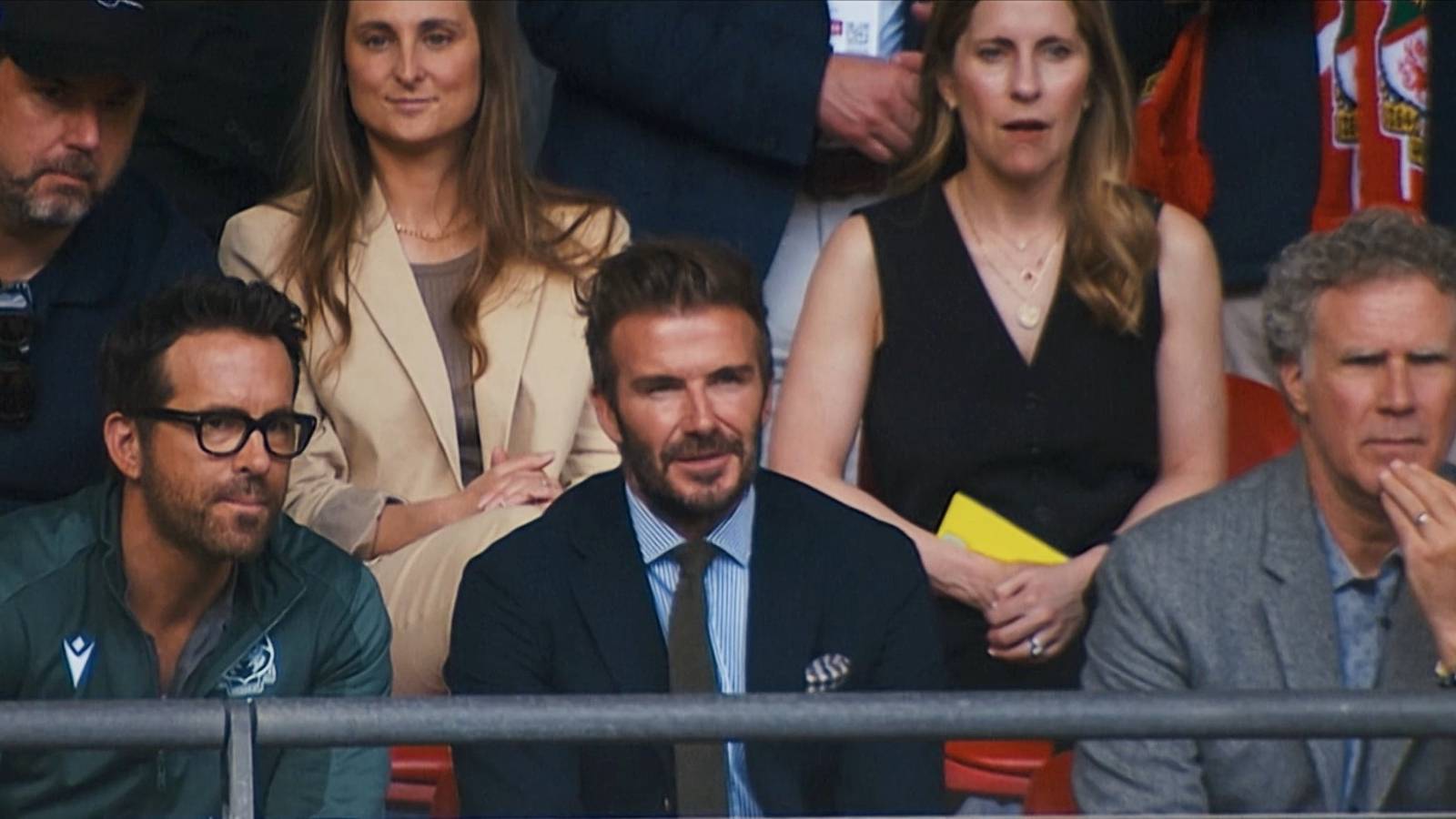 Ryan Reynolds David Beckham and Will Ferrell in owners box Welcome to Wrexham