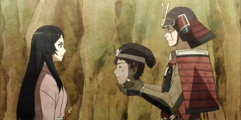 Jinzaburou showing dead soldiers head to Teruhi in Angolmois Genkou Kassenki