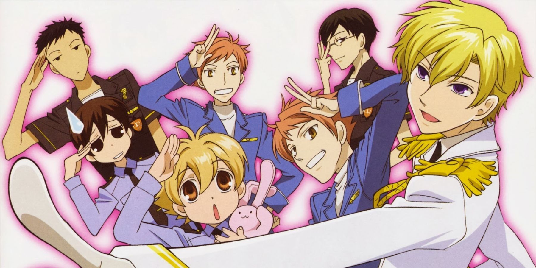 Haruhi Fujioka Tamaki Suoh Kyoya Ootori Hikaru Kaoru Hitachiin Honey senpai Mori senpai The Ouran Host Club (Ouran High School Host Club)