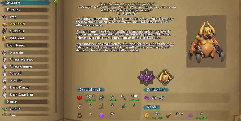 The Almanac entry for the Arachnid in Dungeons 3