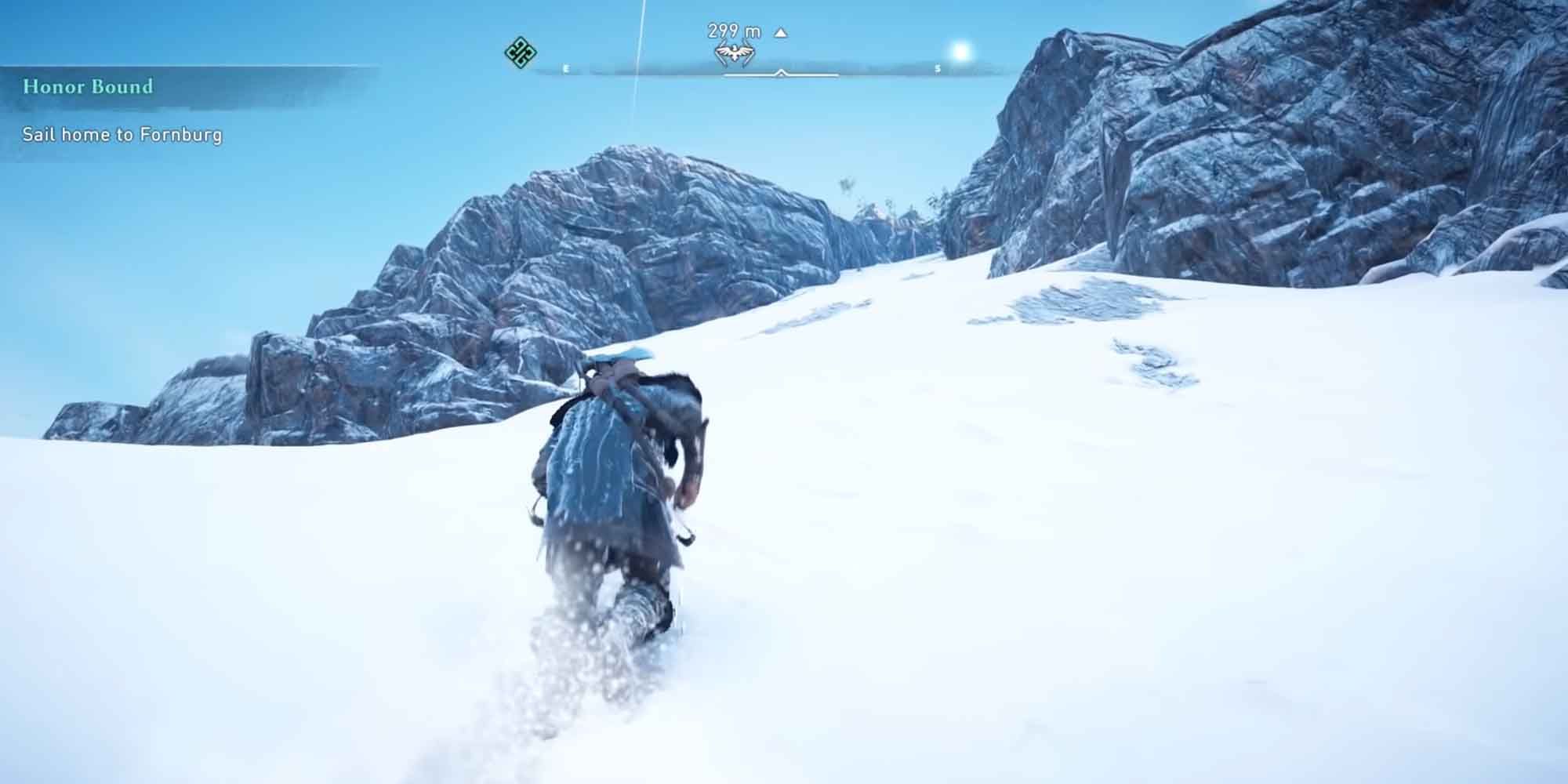 Climbing a snowy mountain in Assassin's Creed Valhalla