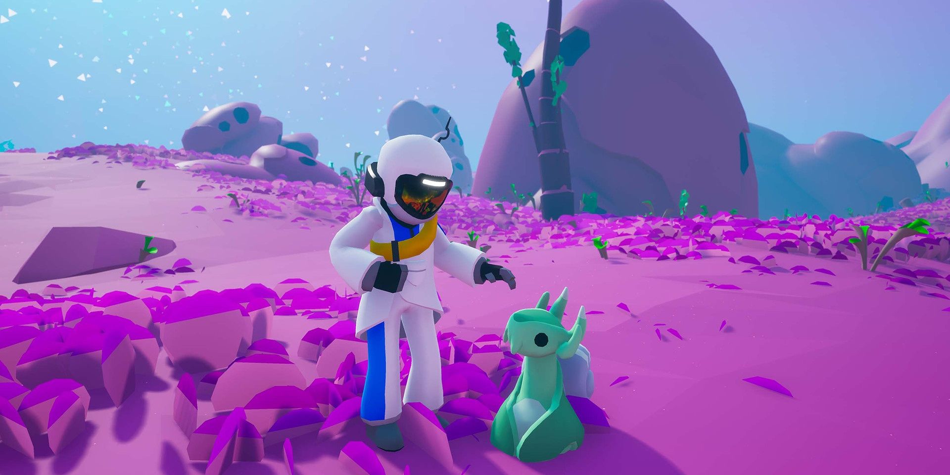 A screenshot of an Astroneer interacting with an alien creature