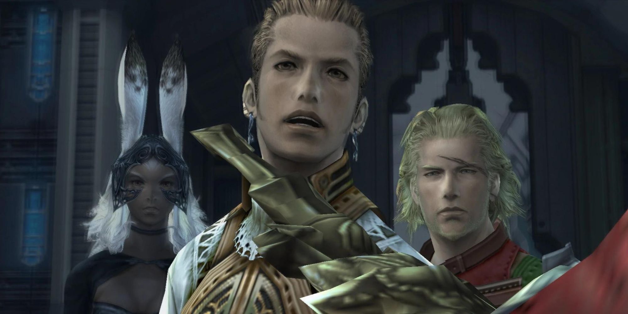 close up of Balthier and two of his friends in Final Fantasy 12