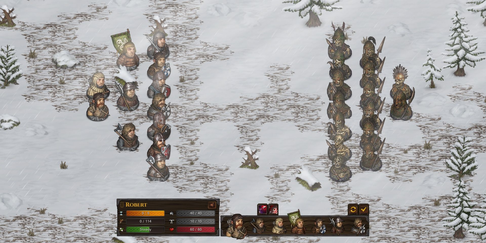 Two groups of units facing off in the snow in Battle Brothers