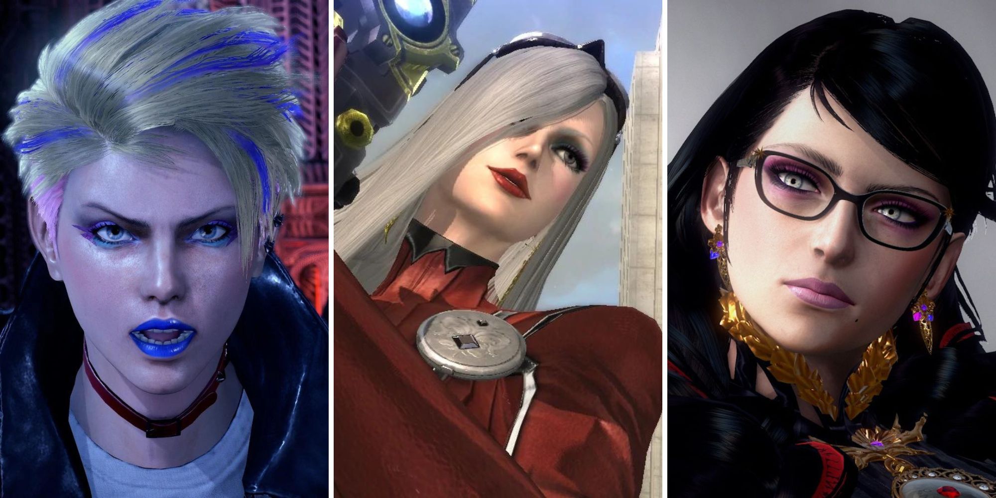 A grid of images showing the characters Viola, Jeanne and Bayonetta from the game series Bayonetta