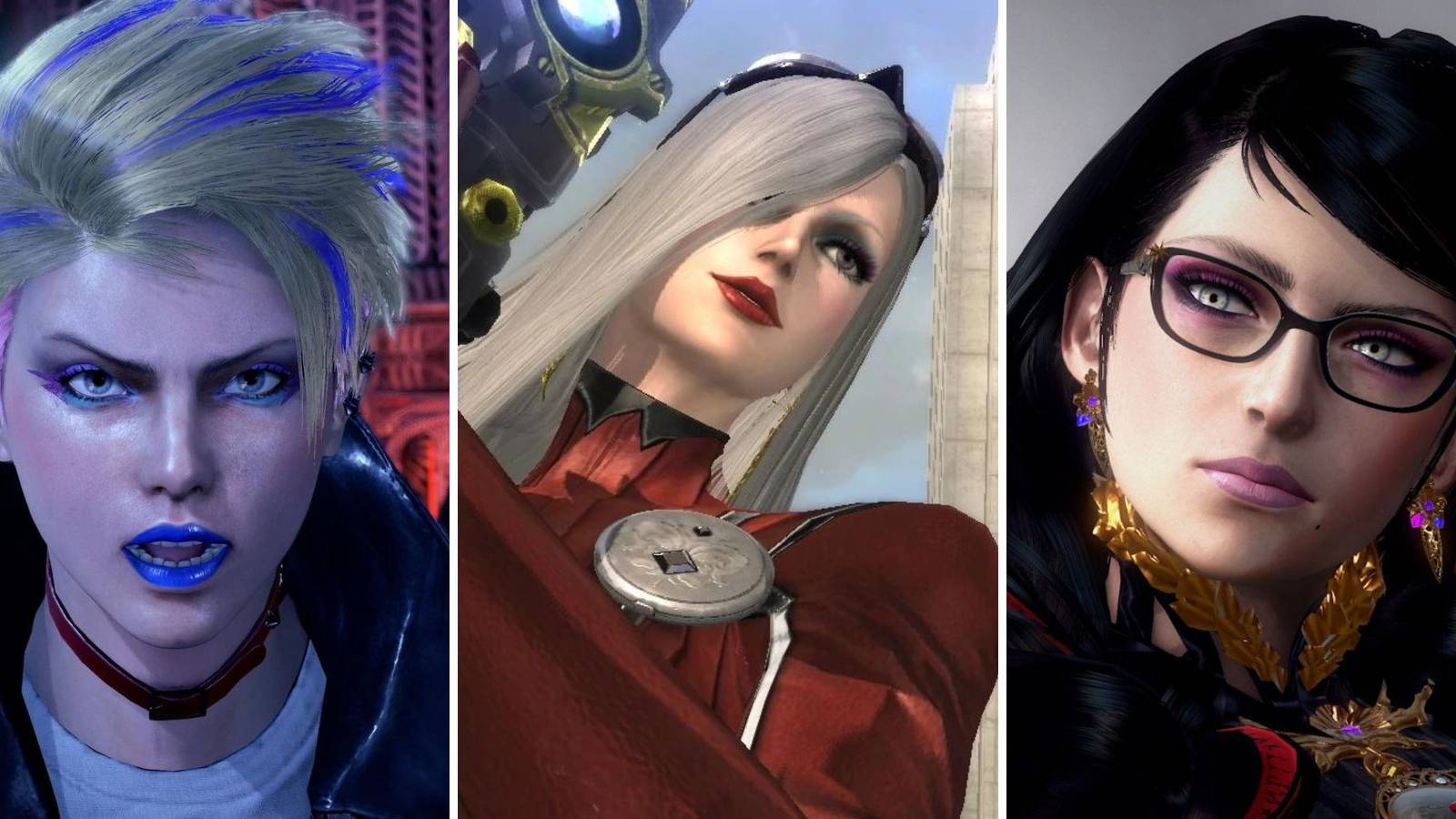 A grid of images showing the characters Viola, Jeanne and Bayonetta from the game series Bayonetta