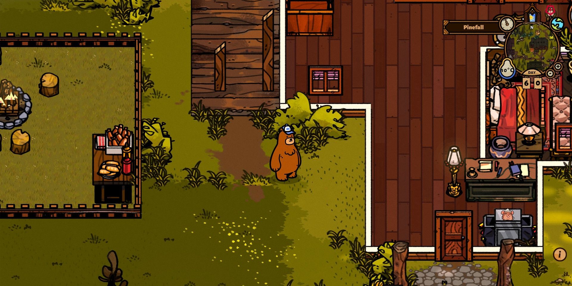 A Bear and Breakfast screenshot of the bear wearing a hat outside of the inn