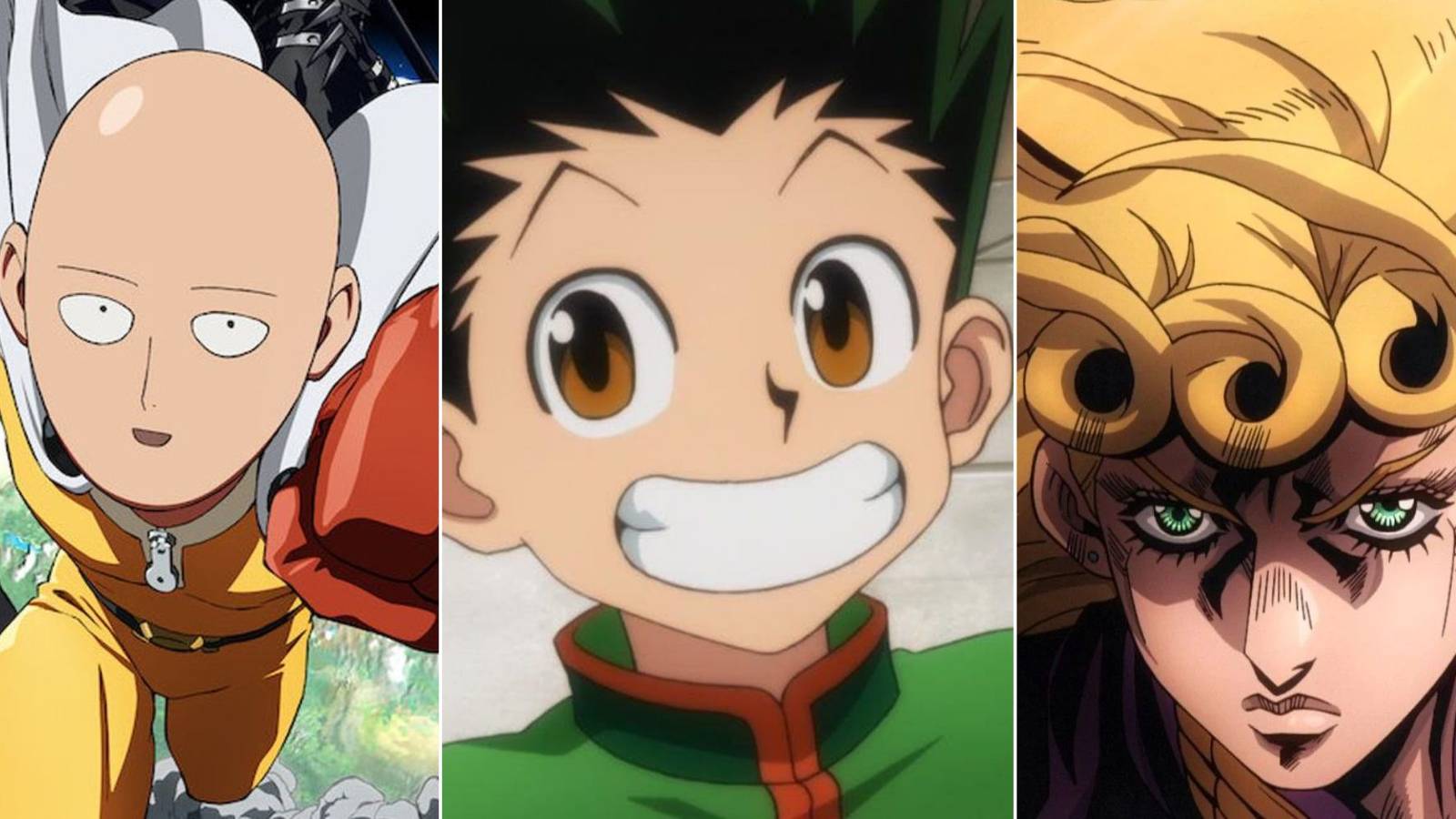 triple image of saitama from one punch man, Gon from hunter x hunter and Giorno from jojo's bizarre adventure