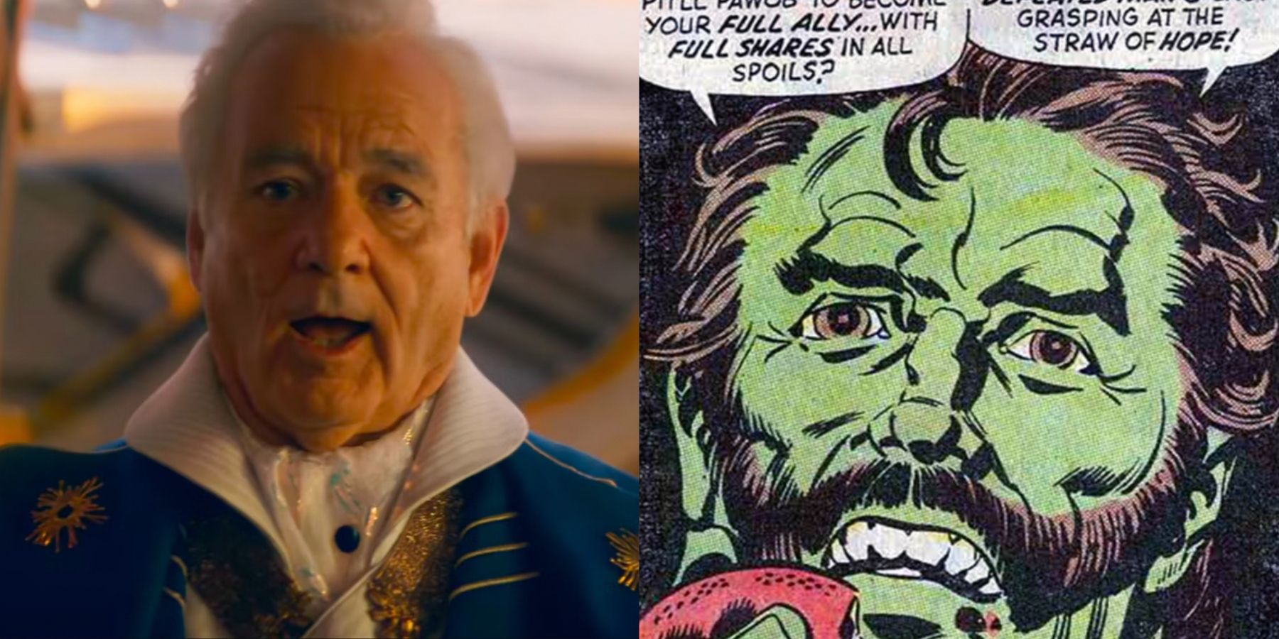 A split image features Bill Murray in Ant-Man And The Wasp: Quantumania alongside Krylar in Marvel comics