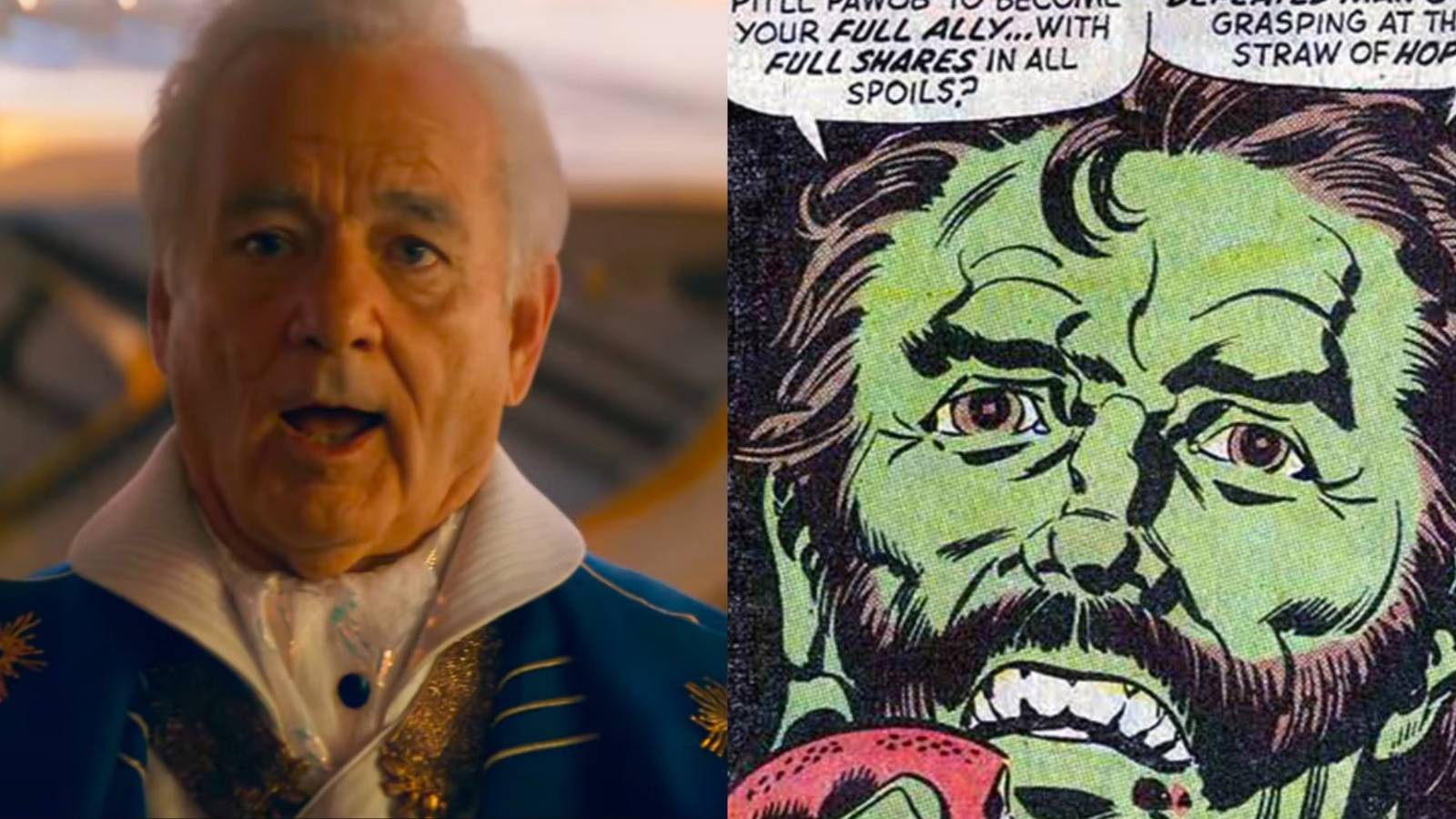 A split image features Bill Murray in Ant-Man And The Wasp: Quantumania alongside Krylar in Marvel comics