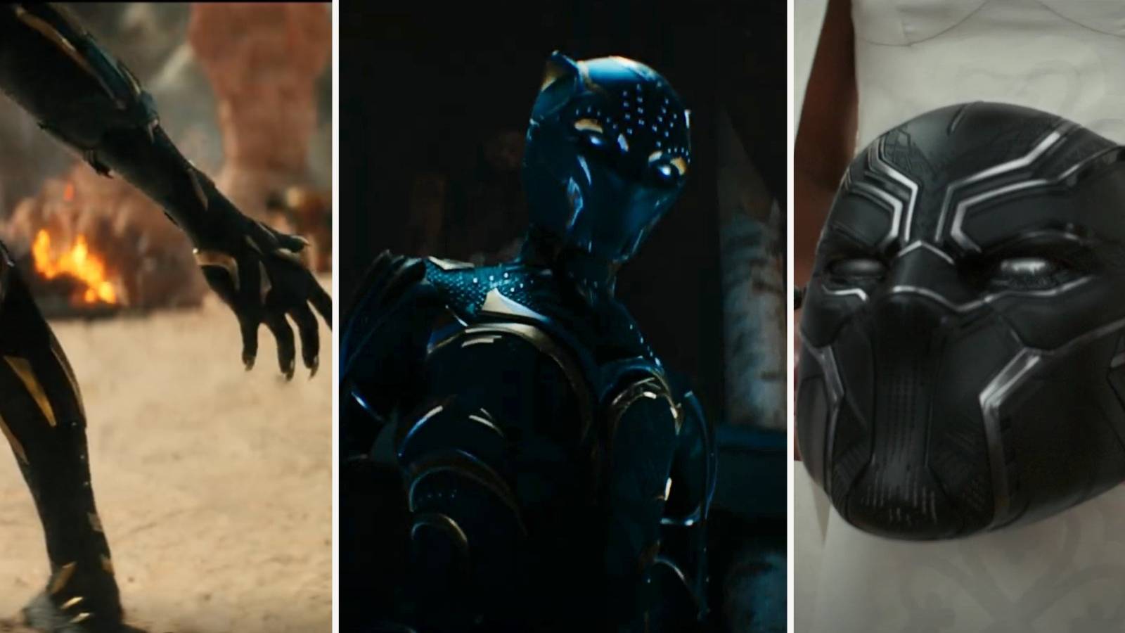 Black Panther Wakanda Forever armor costume mask split image