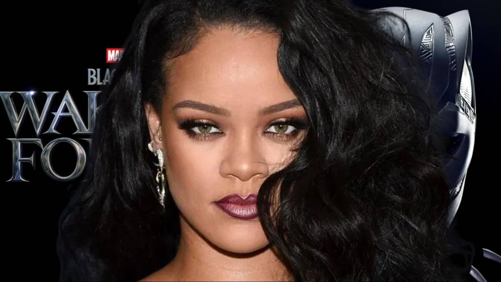 Rihanna close-up photo with Black Panther Wakanda: Forever background
