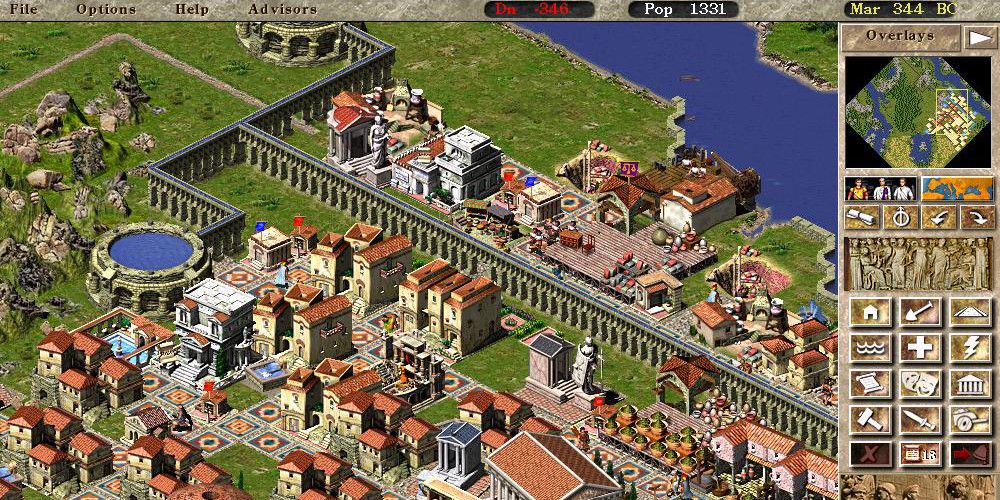 Вид сверху на римский город в Caesar 3 с внутриигровыми фондами, населением и датой вверху, а также сеткой вариантов строительства справа. Источник изображения: nag.co.za