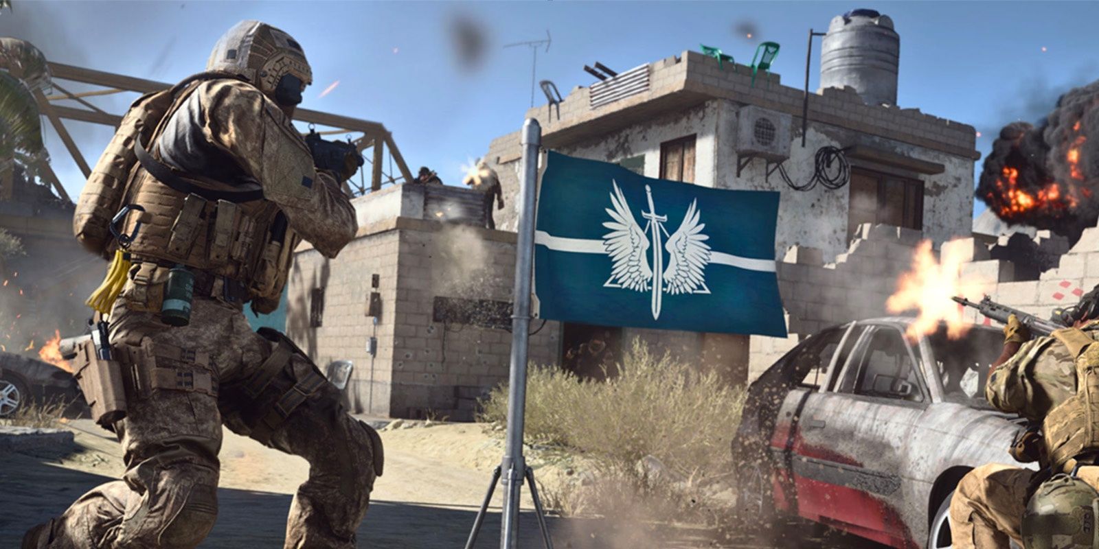A blue flag and soldiers fighting in Call of Duty Modern Warfare 2