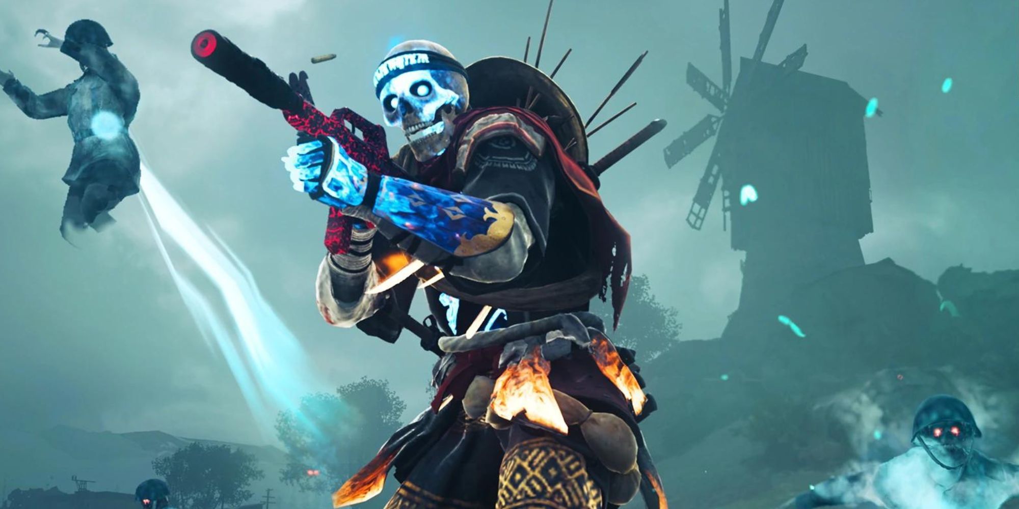 Игрок в скине скелета и призраки на заднем плане в Call of Duty: Warzone.