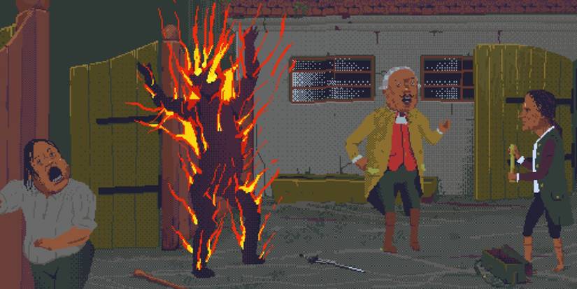 A man burning down in front of multiple people in The Case of the Golden Idol
