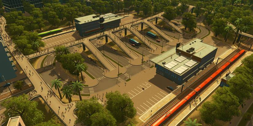 A train station with ramps in Cities: Skylines