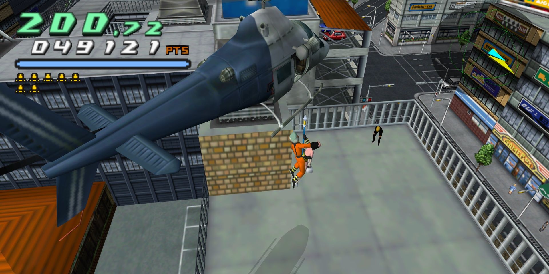 Спасательный вертолет держит человека в City Crisis.