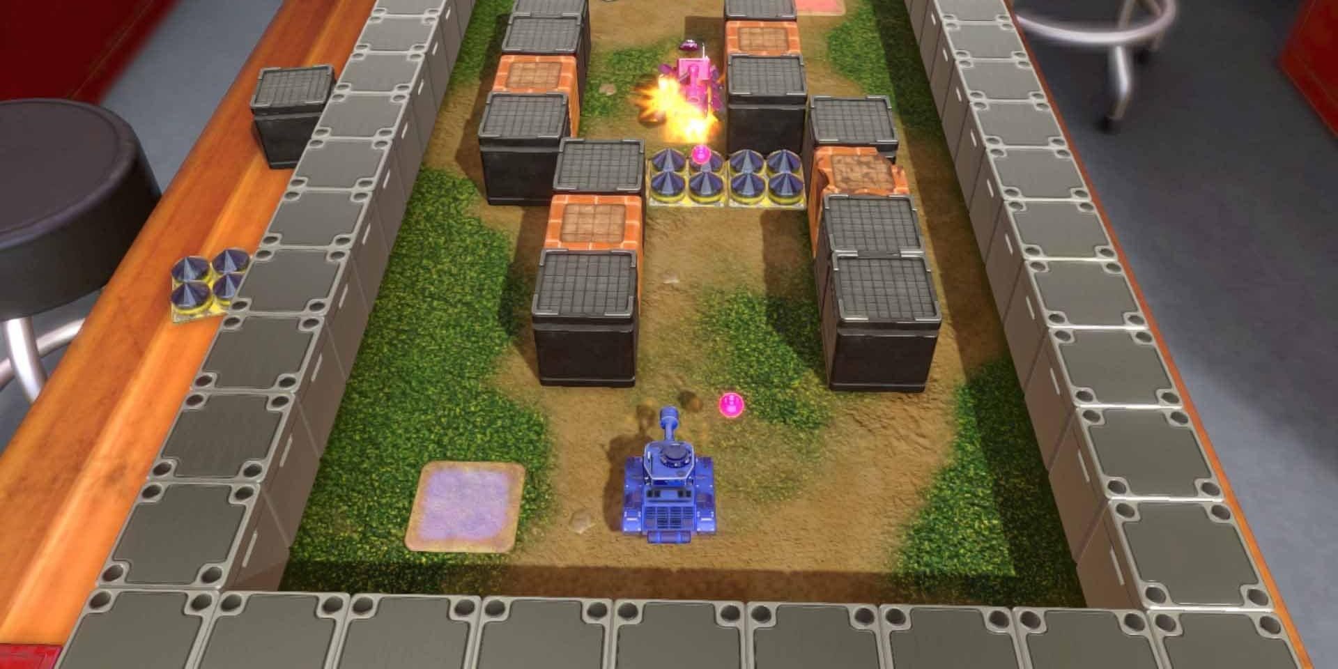 Розовый танк стреляет в синий танк в мини-игре в Clubhouse Games.