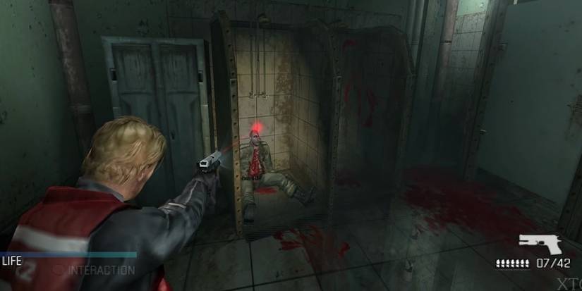 The main character aims their gun at the head of what appears to be a corpse slumped in a shower stall.