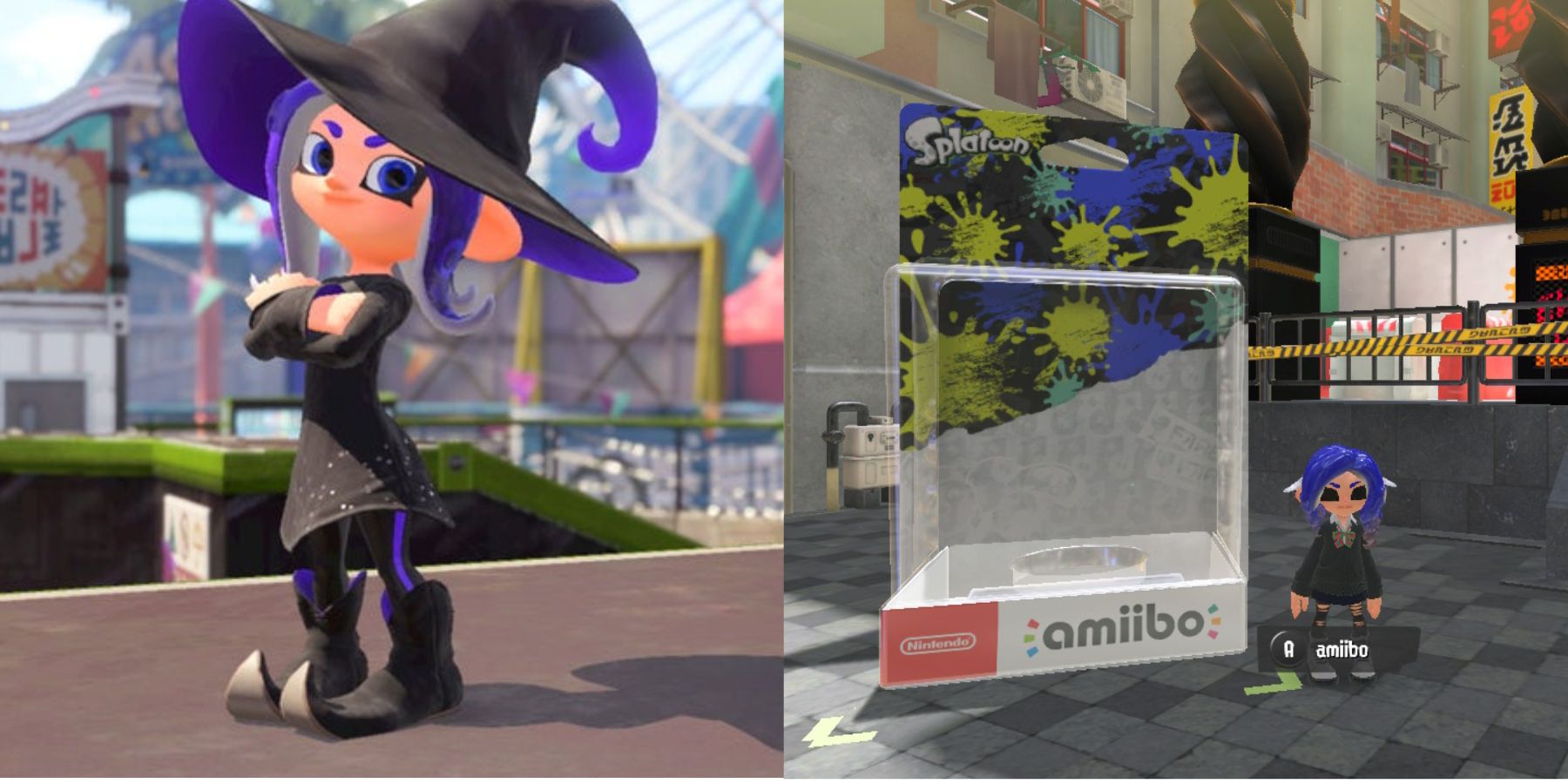 Split image of witch outfit and amiibo box.