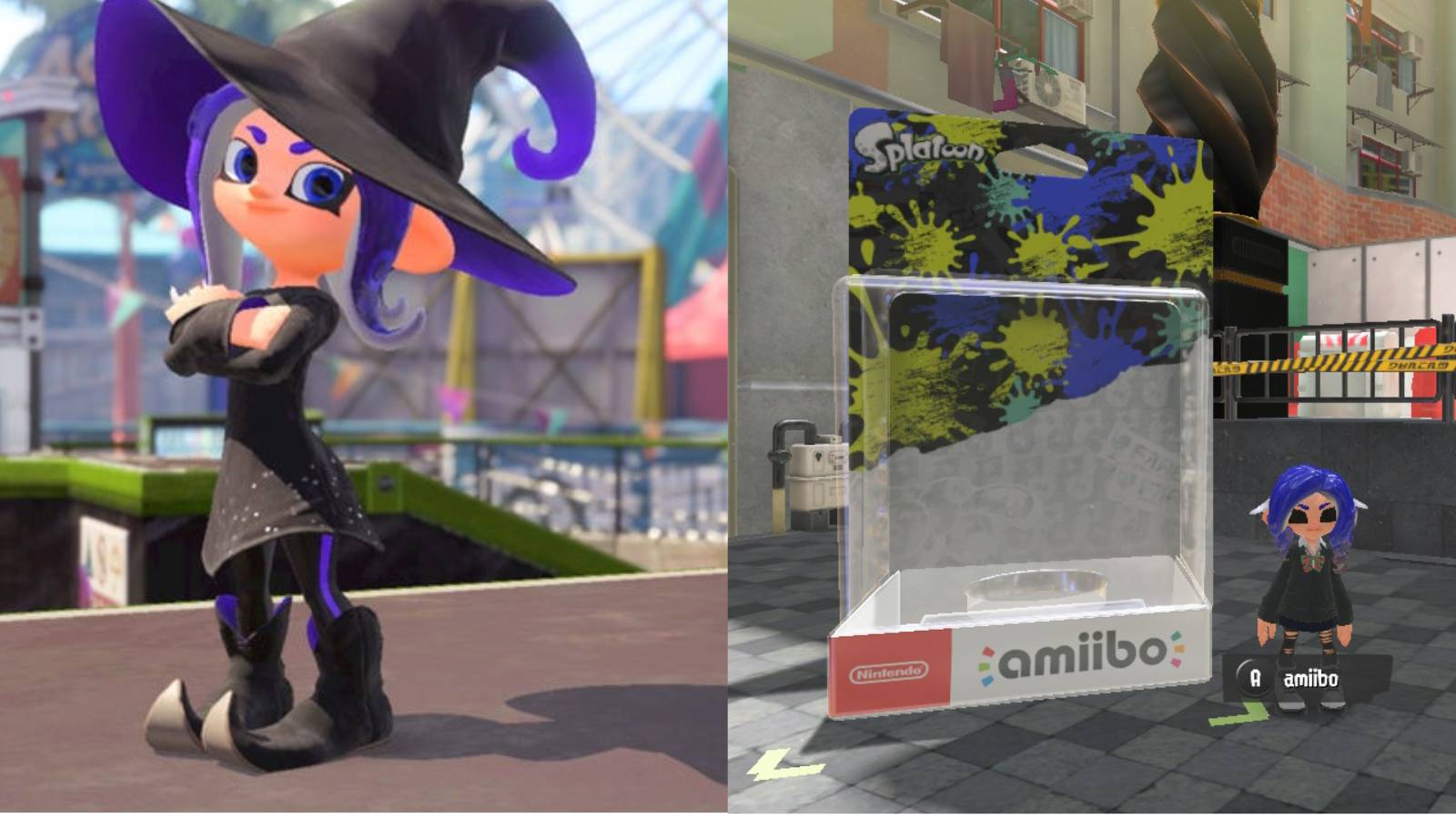 Split image of witch outfit and amiibo box.
