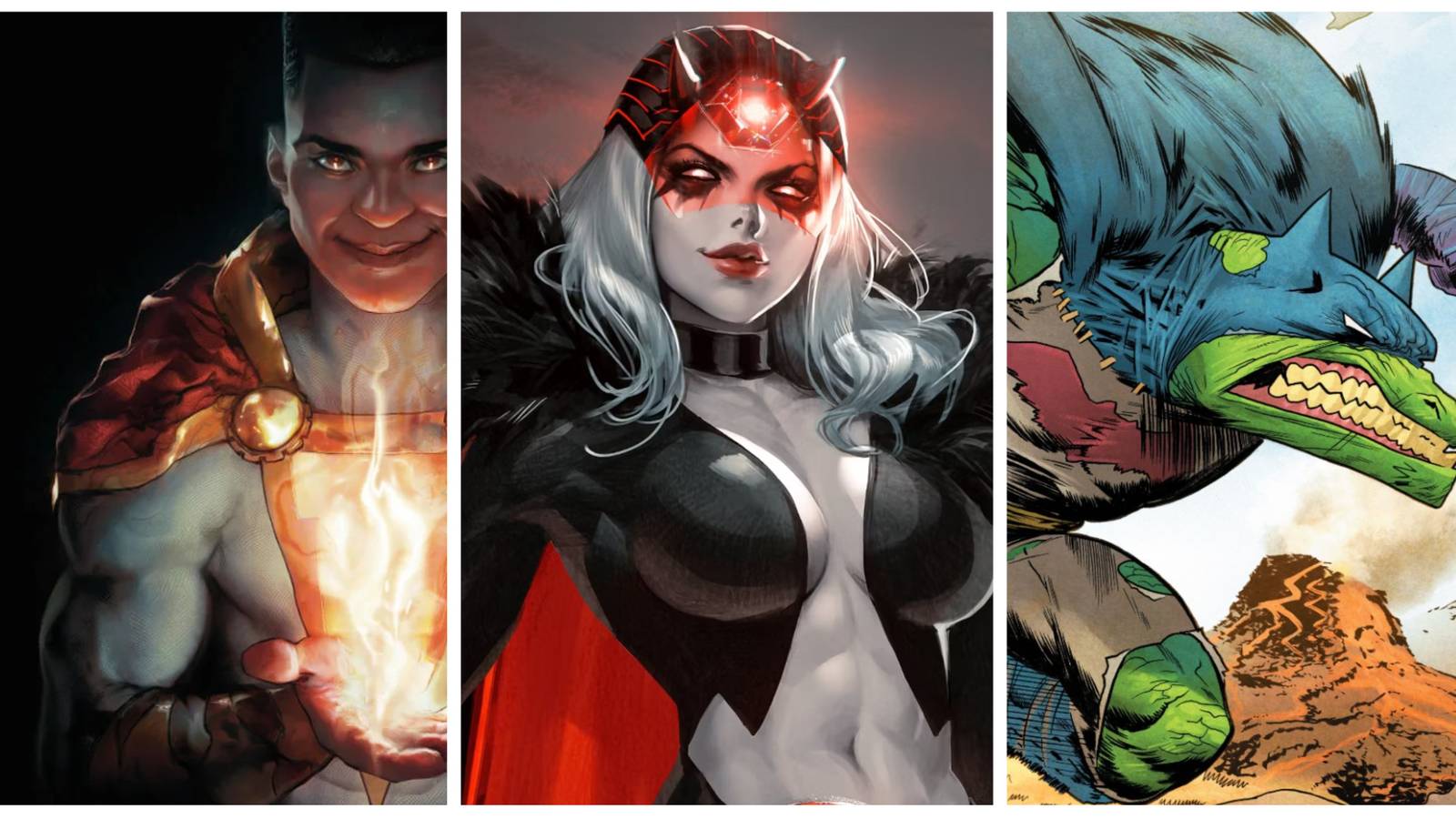 black adam's bolt, angel breaker, batman as a dinosaur