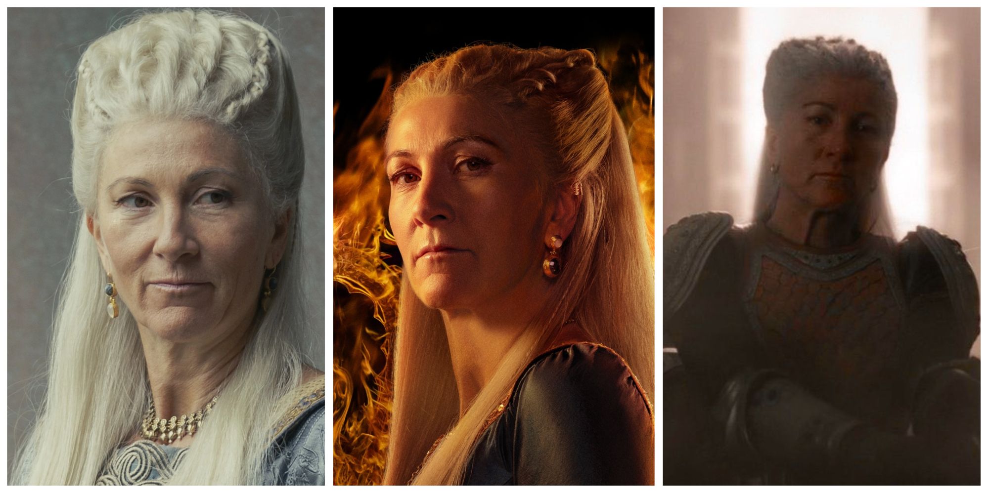 three pictures of Rhaenys Targaryen from hbo's house of the dragon