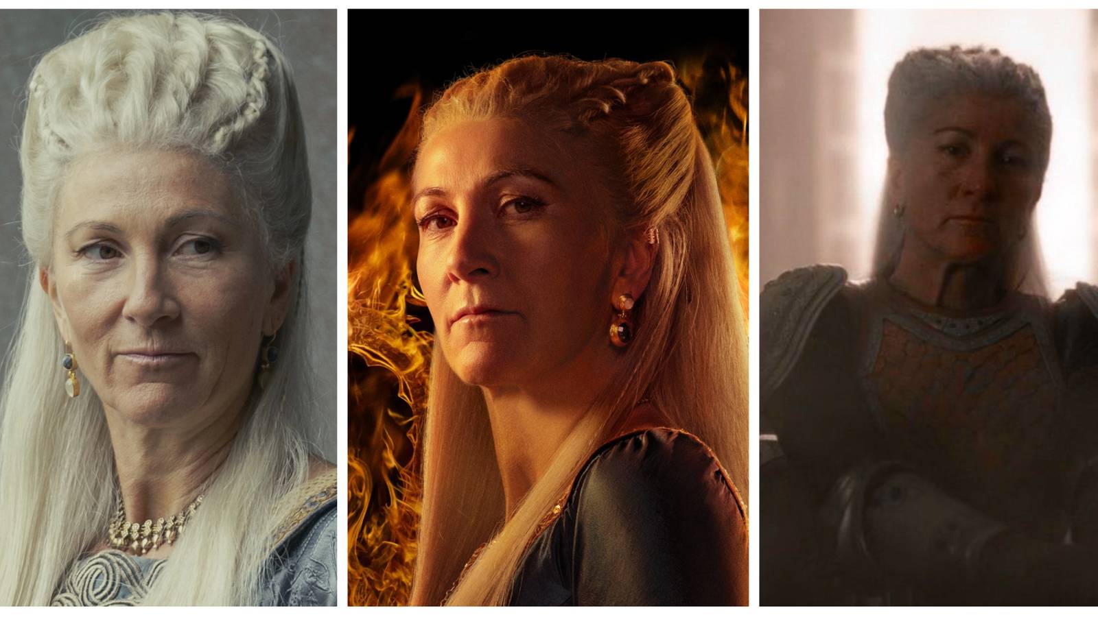three pictures of Rhaenys Targaryen from hbo's house of the dragon