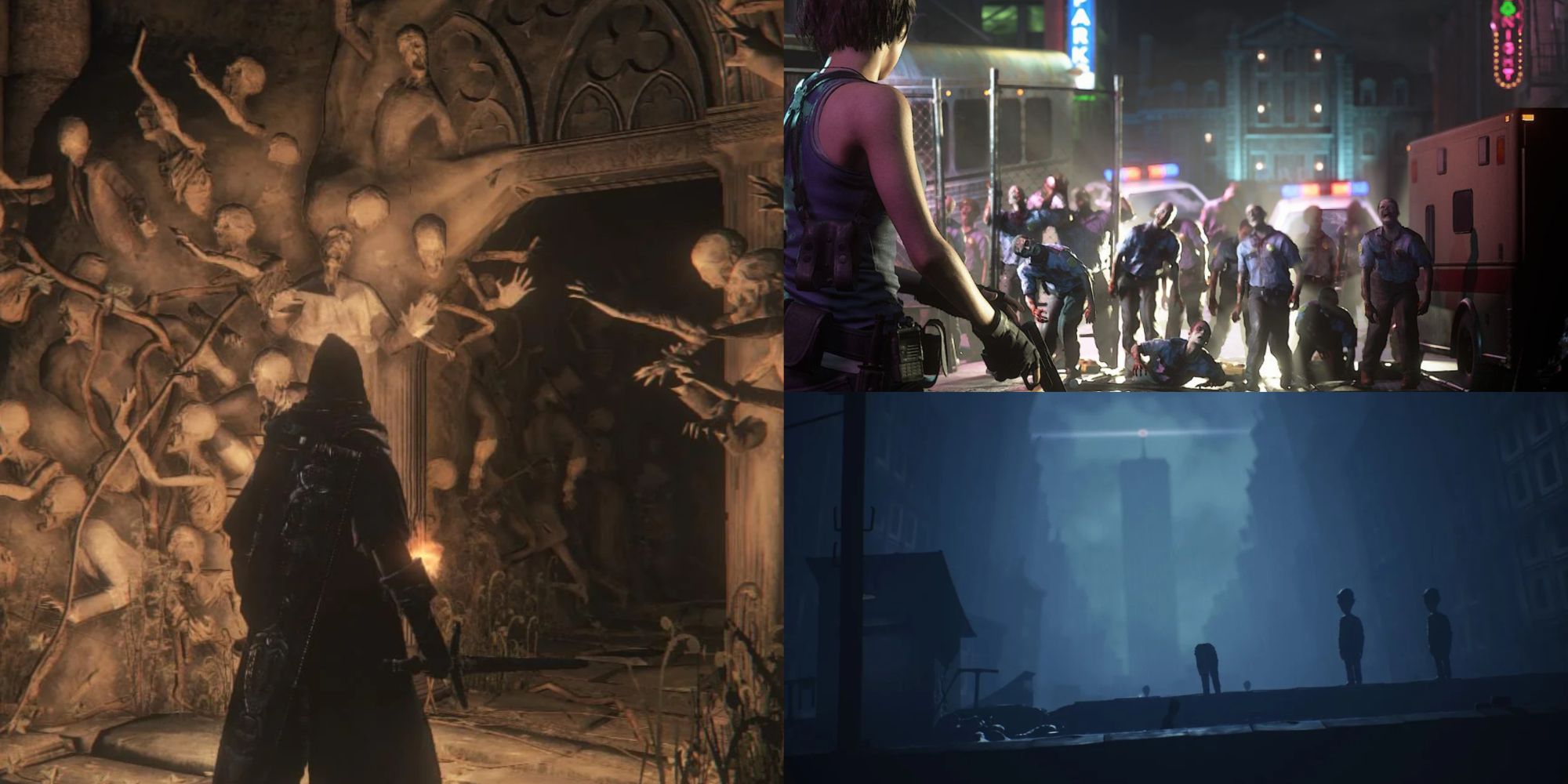 Collage of Yahar'gul, Unseen Village from Bloodborne, Resident Evil 2 Remake Raccoon City and Little Nightmares 2 Pale City