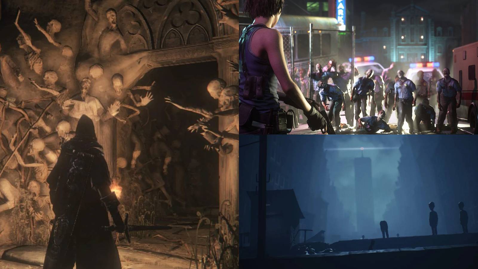 Collage of Yahar'gul, Unseen Village from Bloodborne, Resident Evil 2 Remake Raccoon City and Little Nightmares 2 Pale City