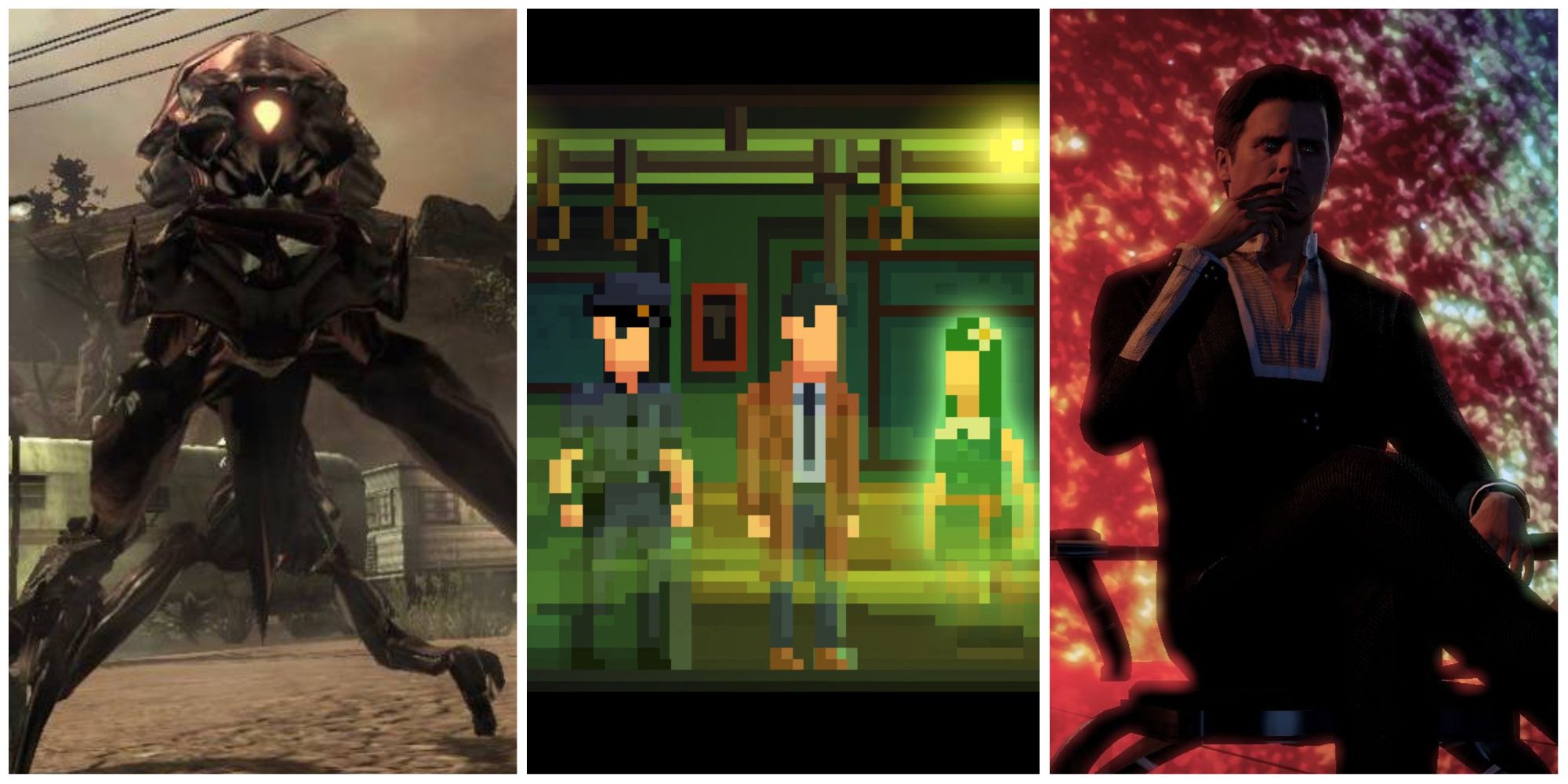 Left: An insectoid alien from BlackSite: Area 51. Middle: A police officer and a detective interrogating a ghost girl on a train in The Darkside Detective. Right: The Illusive Man from Mass Effect 2. Image sources: as.com and gamerant.com.