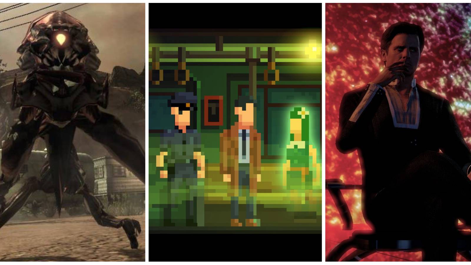 Left: An insectoid alien from BlackSite: Area 51. Middle: A police officer and a detective interrogating a ghost girl on a train in The Darkside Detective. Right: The Illusive Man from Mass Effect 2. Image sources: as.com and thebestwargames.com.