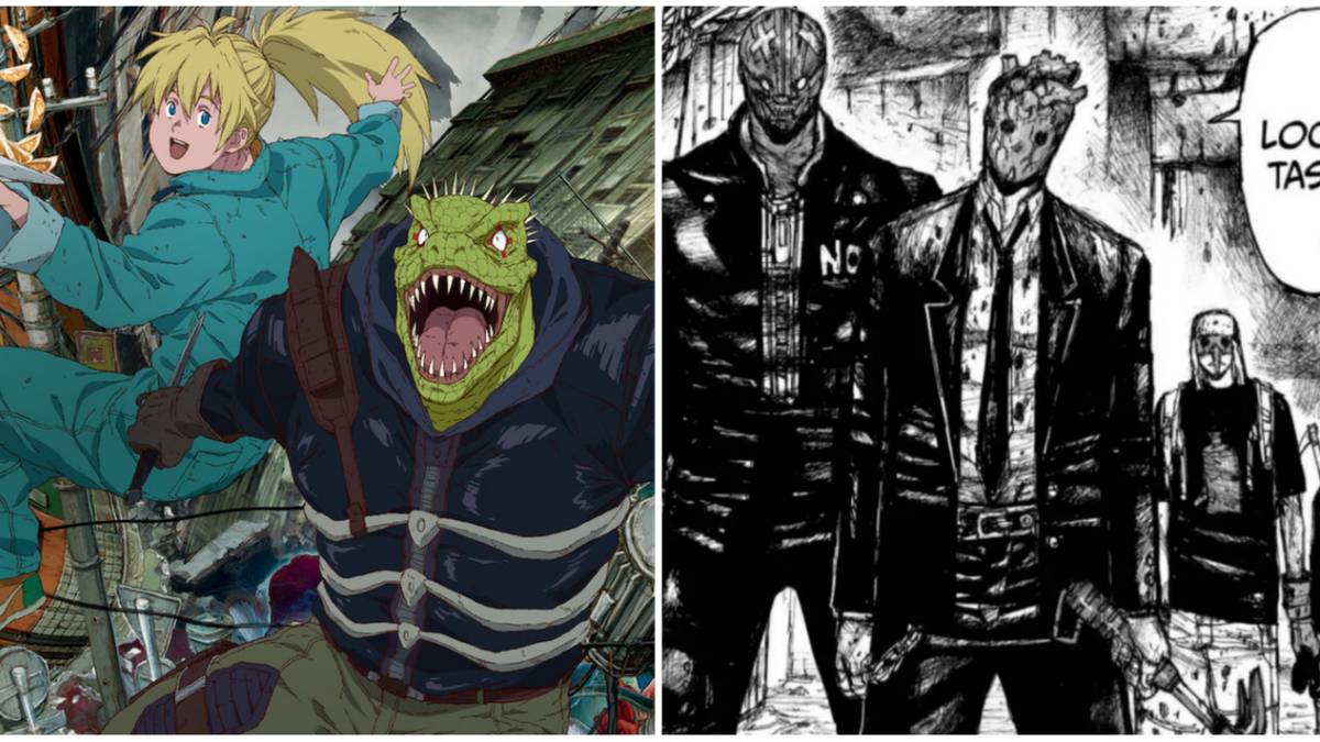image of caiman and nikaido from the anime, and a screenshot of the manga of ebisu, fujita, noi and shin