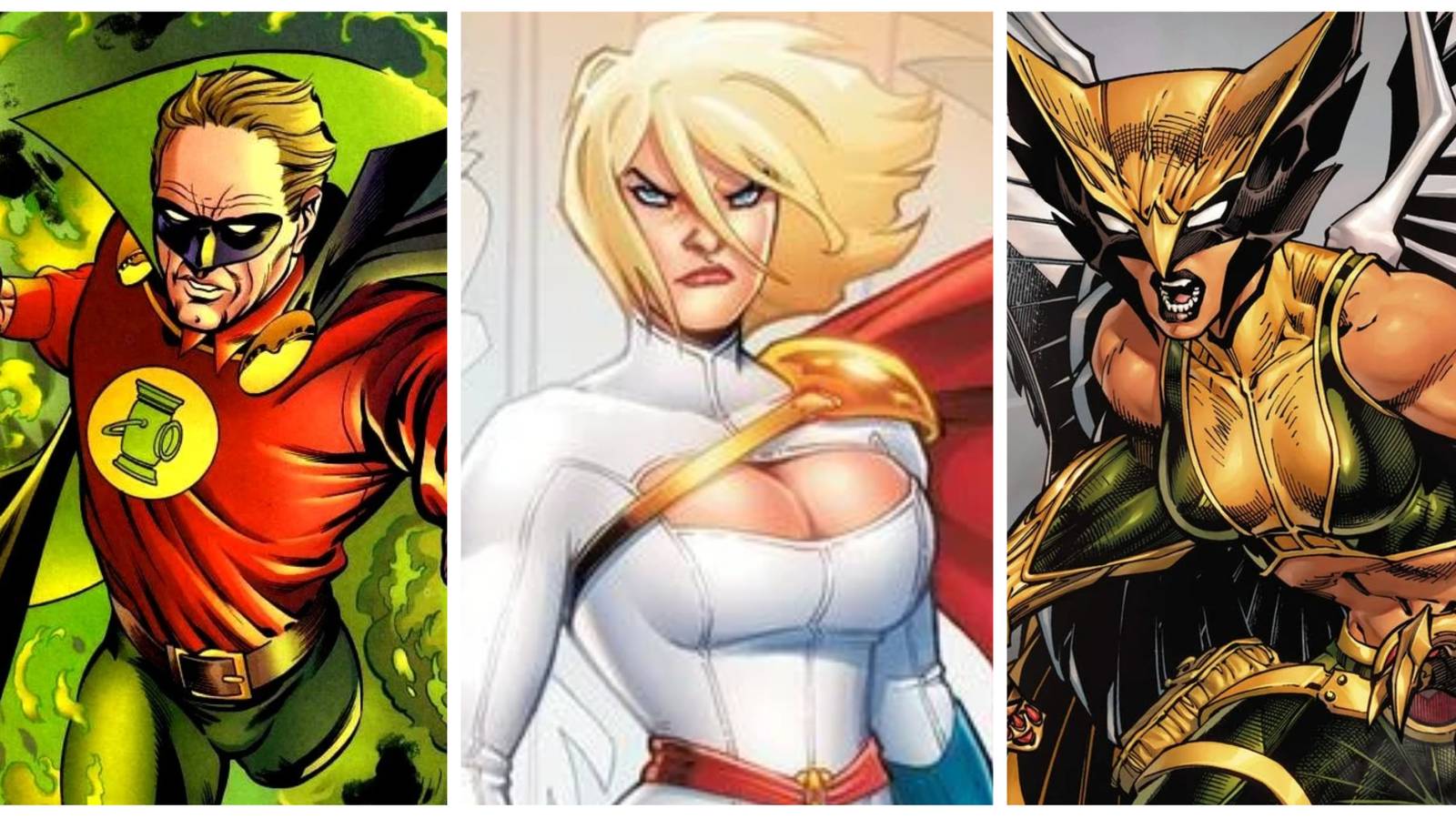 alan scott green lantern, power girl, hawkgirl from dc comics