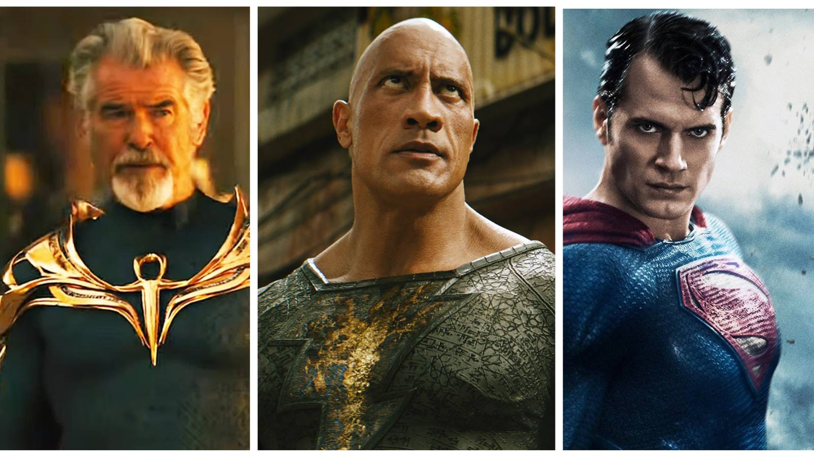 piers brosnan doctor fate, dwayne johnson black adam, henry cavill superman
