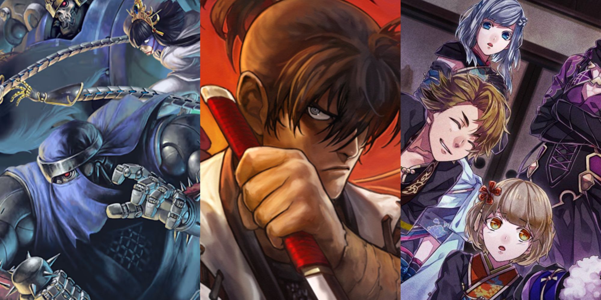 Collage of three video games about ninja; Two cyborg ninjas from Ninja Saviors, Sasuke from Ninja Master's and Enju and her love interest from Nightshade 