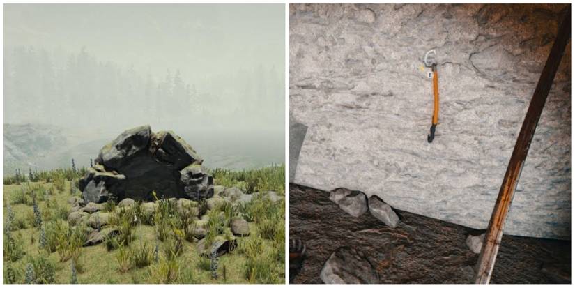 The entrance to the Ledge Cave (left) and the Climbing Axe embedded in a wall (right) in The Forest