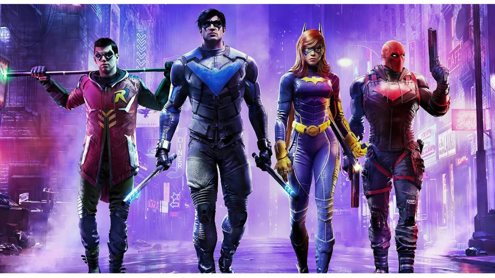 robin, nightwing, batgirl and red hood from gotham knights