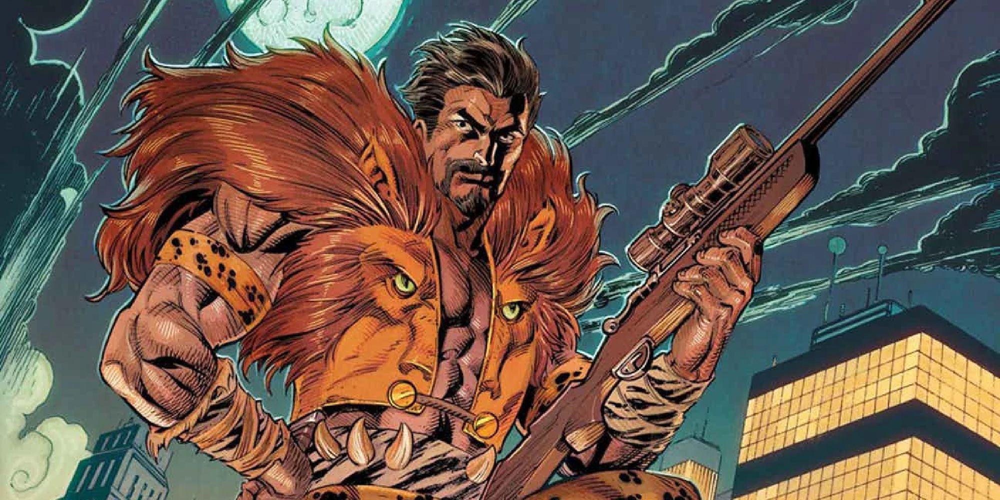 Kraven the Hunter holds a rifle over a cityscape in the comics