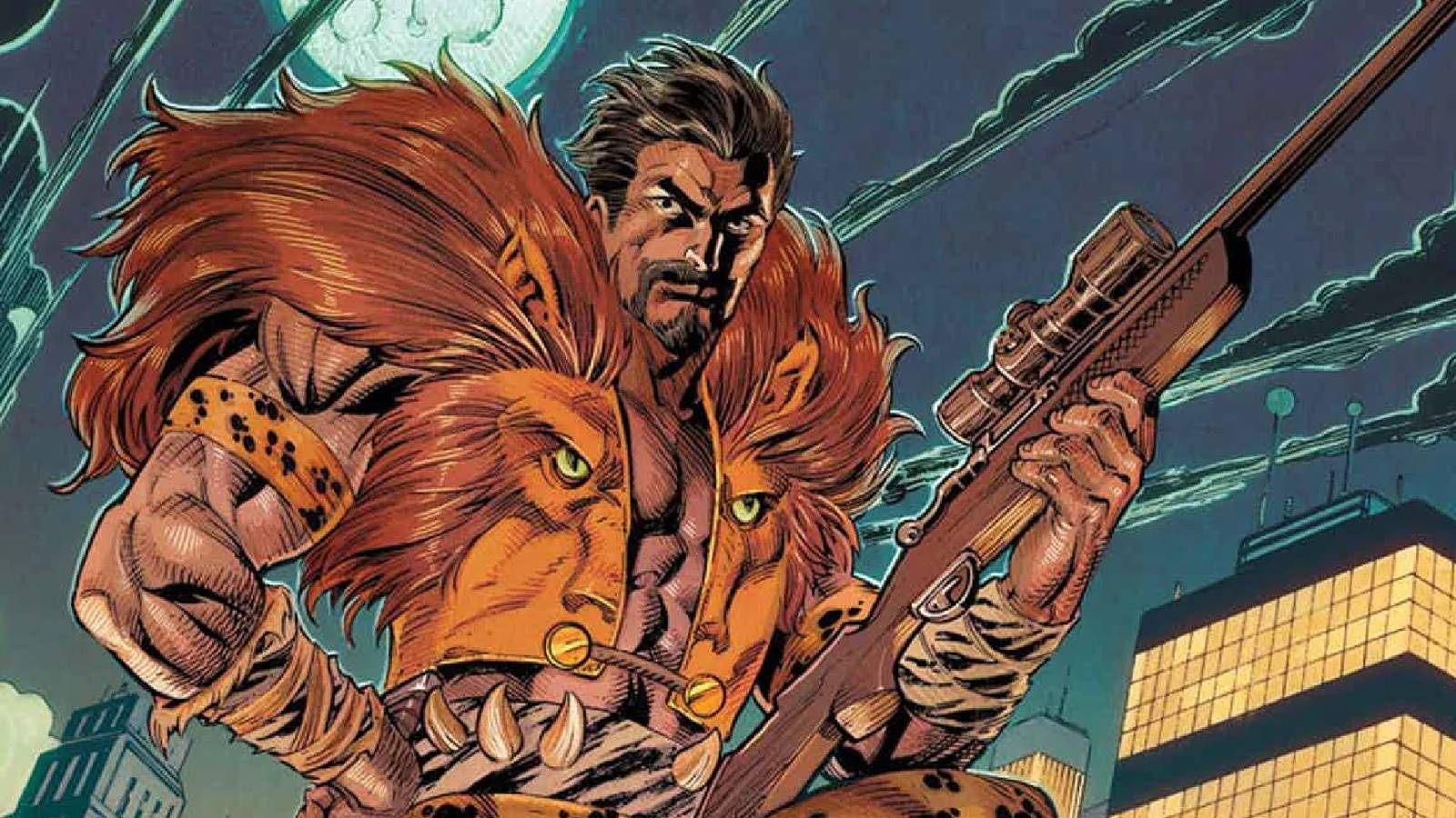 Kraven the Hunter holding a rifle over a cityscape in the comics