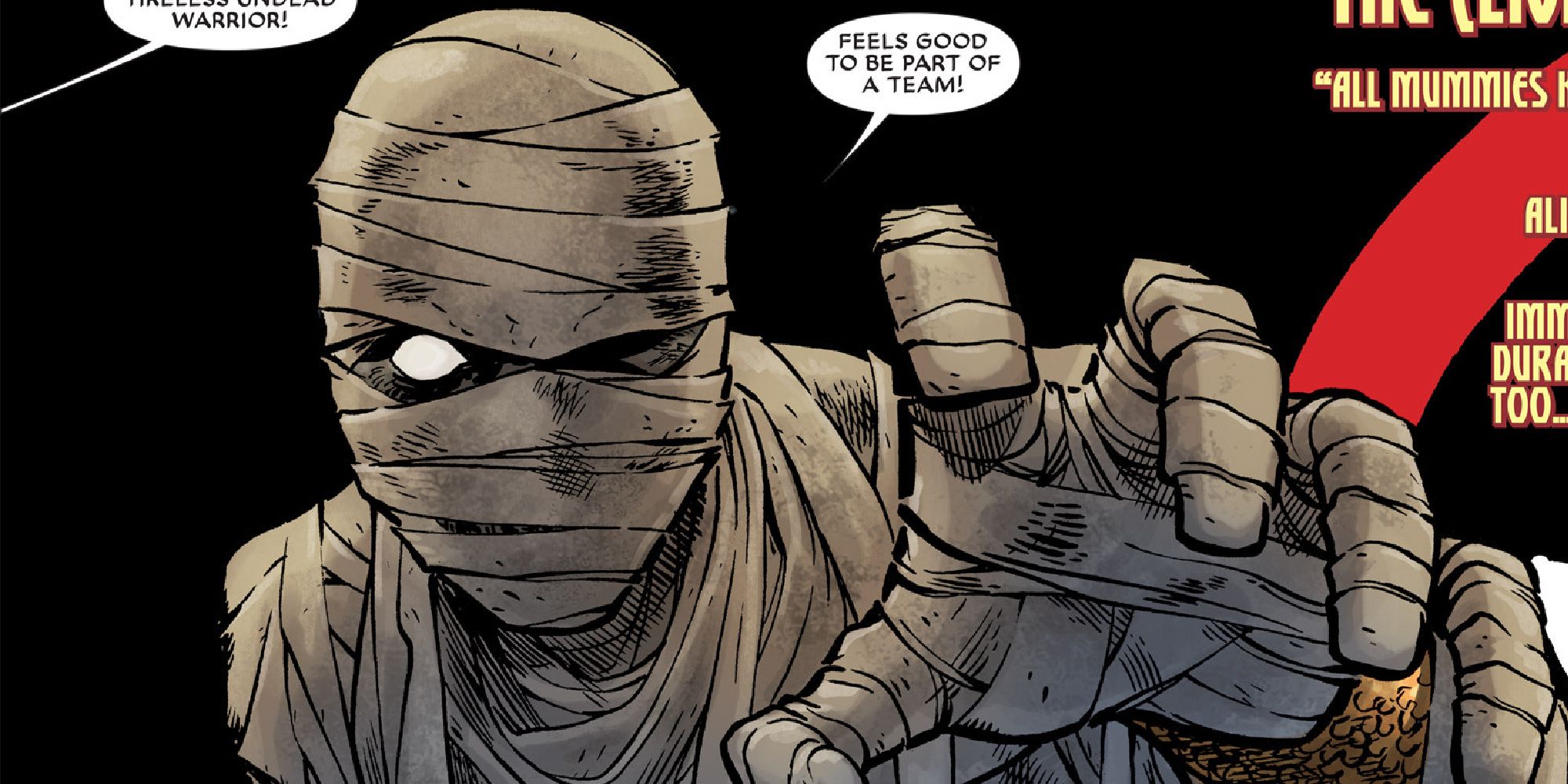 The Living Mummy talking to an off-page Deadpool in the comics