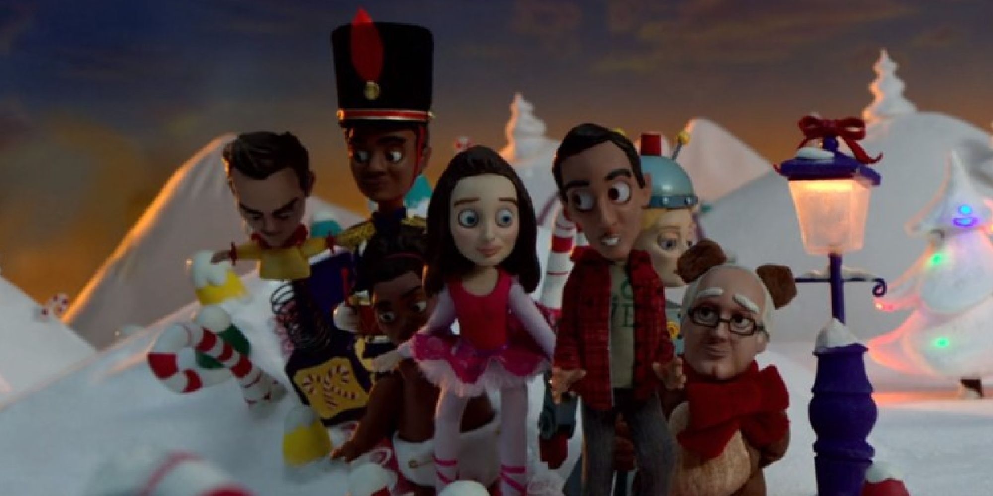 Jeff, Troy, Shirley, Annie, Britta, Abed, and Pierce walking in a clay-mation Christmas world