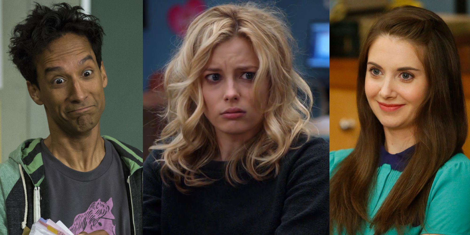 A disheveled Abed in season 5 of Community; a hungover Britta in season 1 of Community; Annie in season 5 of Community